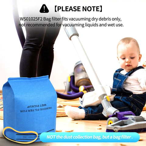 Replacement Wet Dry Vac Filter Bags For Stinger 2.5-5 Gallon Vacuums next to toddler with vacuum in living room