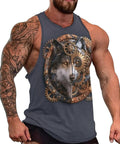 Mens Viking Wolf Graphic Tank Top Featuring A Relaxed Sleeveless Muscle Tee in Gray, showcasing wolf artwork and worn by muscular model.