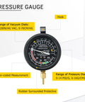 Acymner vacuum and fuel pump tester gauge kit: front view of black dial gauge with brass fitting, hook, and rubber surround