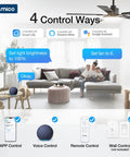 Image showing 4 control options for Top Shelf 52 Inch Smart Ceiling Fan With Killer Led Lighting And Handy Remote Control Downrod Mount Matte Black Finish.