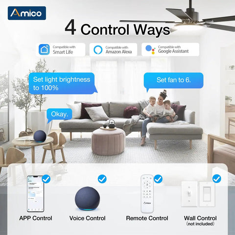 Image showing 4 control options for Top Shelf 52 Inch Smart Ceiling Fan With Killer Led Lighting And Handy Remote Control Downrod Mount Matte Black Finish.