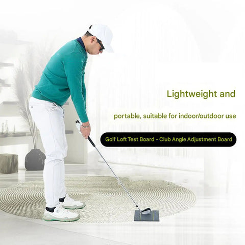 Man using Instant Swing Path Analyzer for Golf Irons and Wedges on a mat indoors, Durable ABS, 15.75 x 7.87 inches, ambidextrous use