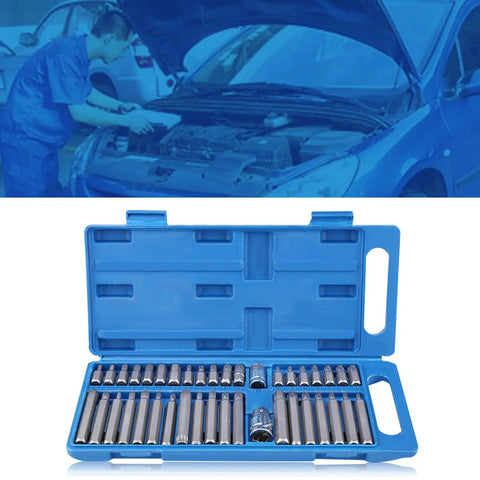 Top Notch 40 Pc Hex Star Torx Spline Bit Set With 1/2 And 3/8 Inch Drive Crank Tool Kit Built From Durable Alloy Steel For Heavy Duty Jobs Fast Bit Swaps And Handy Blow Molded Case Storage, blue case open