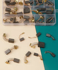 40 Pack Carbon Brush Set for Electric Motors With 10 Sizes Replacement Parts in a plastic case, showing brushes and springs on a surface.