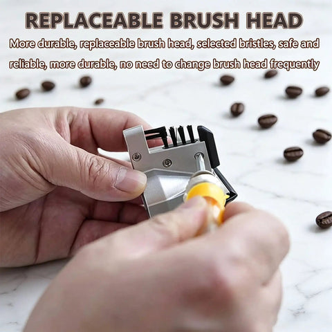 Hands installing a replaceable brush head for Electric Portafilter Cleaner Automatic Espresso Puck Sucker With Smart Sensor Induction And Three Durable Brush Heads Quiet Knock Box.