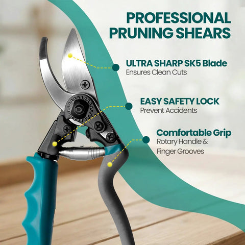 Heavy Duty Pruning Shears With Kinetic Swivel Handle For No Sweat Garden Trimming, Arthritis Friendly Bypass Clippers, SK5 Blade