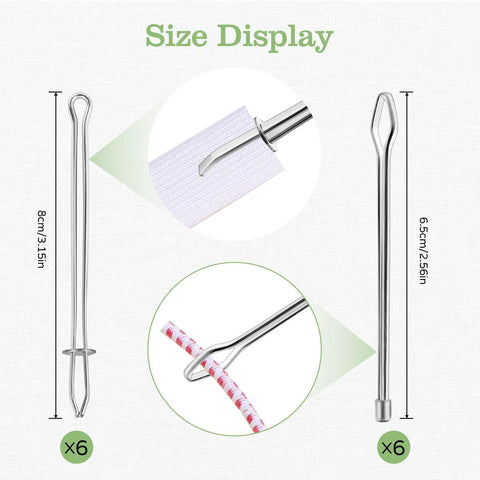 12 Pack Metal Drawstring Threaders With Clip For Quick Elastic Waistband Repairs showing size dimensions and threading details