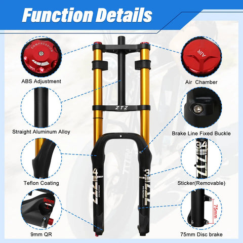 Beefy Fat Tire Front Fork With Air Suspension 180mm Travel 135mm Hub Spacing Rebound Adjustable Lockout 9mm QR Straight Steerer One Eighth Inch Double Crown MTB Front Fork For Fat Snow Beach E Bike with function details highlighted.