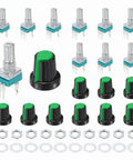 10 Pack RK097N B5K Potentiometer 3 Pin Linear Rotary Sealed Potentiometer 5K Ohm with 15mm Knurled Shaft and Green AG2 Knob