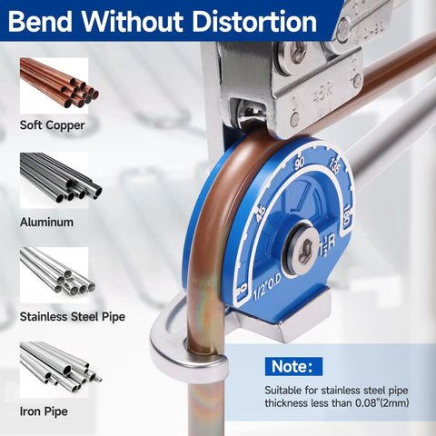 1/2 Inch Od 180 Degree Roller Tubing Bender For Copper Pipe With Smooth Ball Bearing Rollers Cross Free Bending Tool For Tight Space Plumbing Projects Precision Laser Cut Groove No Flat Spots with blue dial and copper pipe