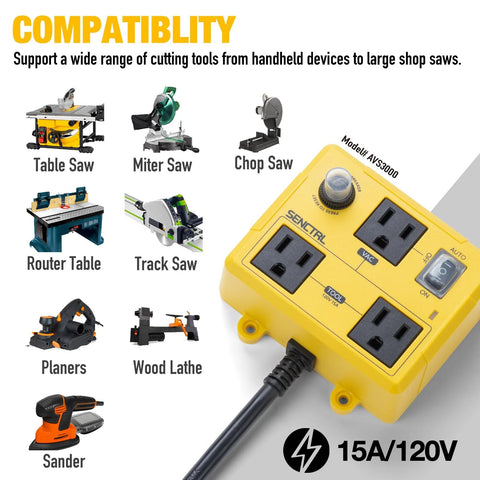 SENCTRL Automatic Vacuum Switch for Power Tools, yellow control box with 120V outlets and on/auto/off switch