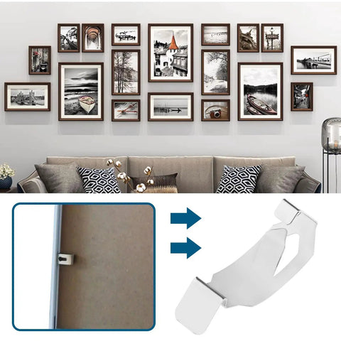 12 Pack Photo Frame Clips Picture Hanger Fastener Artwork Back Plate Fixing Hardware Metal Spring Turn Clip Hanging Supplies Silver Tone 35x13mm Ideal For DIY Frames Gallery Displays And Wall Art displayed in use.