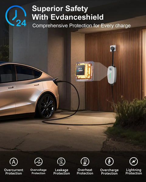 Straight Up Level 1 And Level 2 EV Charger Drops A Heavy Duty 25 Foot Cable Across Your Driveway Fits Most Teslas And Nacs Rides Pushing An Impressive 16 Amps On Standard 240 Volt Boxes For Effortless Daily Runs, charging a car in a garage.
