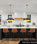 puncoll 20.5" Black and Gold Chandelier, 3-Light Dome Large Pendant Light over modern kitchen island with brown stools.