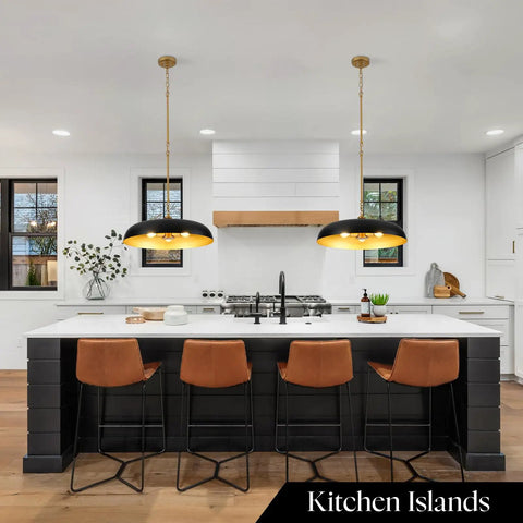 puncoll 20.5" Black and Gold Chandelier, 3-Light Dome Large Pendant Light over modern kitchen island with brown stools.
