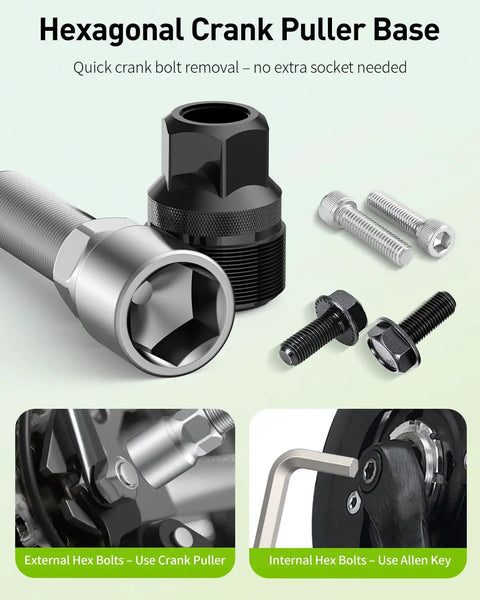 Bike Crank Puller Kit With Wrench And Top Cap For Quick Crank Arm Removal, Bottom Bracket Tool, hexagonal puller base shown