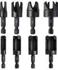 8 Piece Wood Plug Cutter Set Black Oxide Carbon Steel Straight And Tapered Hole Plugs displayed in various sizes and designs.