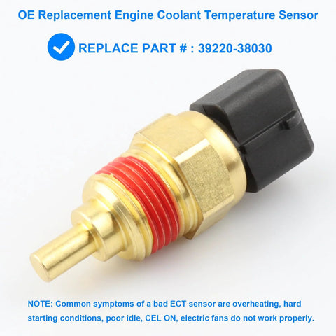 Front view: Coolant temperature sensor with brass body, red O-rings and black plastic connector