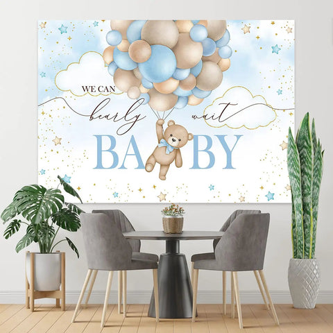 Blue Bear Hot Air Balloon Backdrop 7x5ft Totally Cute Photo Backdrop For Baby Shower, watercolor bear with balloons