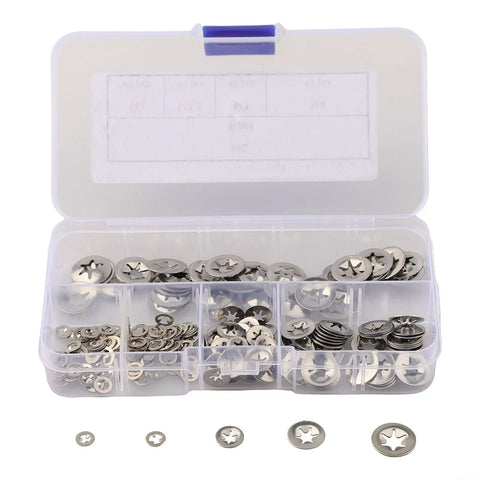 Internal Tooth Lock Washer Kit 200 Piece Set In 304 Stainless Steel, Heavy Duty Rust Resistant Washers, Five Size Assortment For Marine Auto And Outdoor Projects, Built Tough For Leak Proof Secure Connections. Open storage box with assorted internal tooth lock washers in 304 stainless steel.