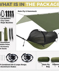 Ultralight Camping Hammock With Mosquito Net And Rain Fly showing included accessories and setup essentials