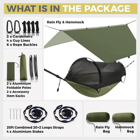 Ultralight Camping Hammock With Mosquito Net And Rain Fly showing included accessories and setup essentials