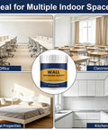 Complete Drywall Repair Kit With Wall Patch Spackle Paste And Sturdy Plastic Scraper For Rapid Hole And Crack Repairs; shown in office, classroom, rental properties, and kitchen.