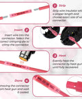Steps showing Pro Grade Red Heat Shrink Butt Connectors 0.7mm Tinned Copper Waterproof Crimp Insulated Wiring Splices For AWG 22 to 16 Gauge Wires Marine Grade Automotive Terminal Kit 130 Pieces being installed.