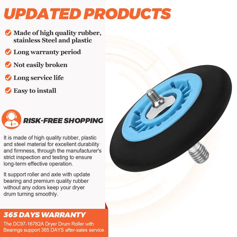 2026 Upgraded Dryer Drum Roller With Bearings Kit showing high-quality rubber and steel construction