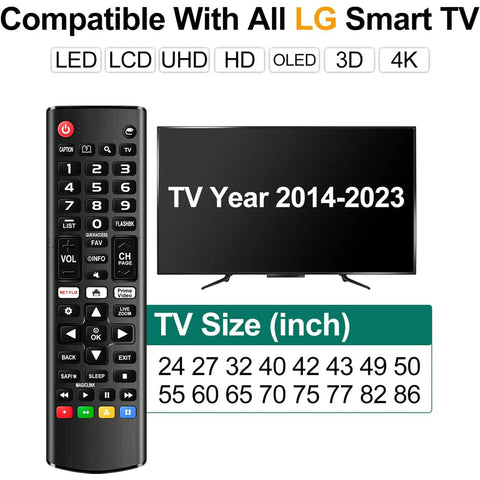 Universal Remote For LG Smart TVs That Just Works With All LG LED LCD OLED 4K HDTV Models next to compatible TV sizes chart