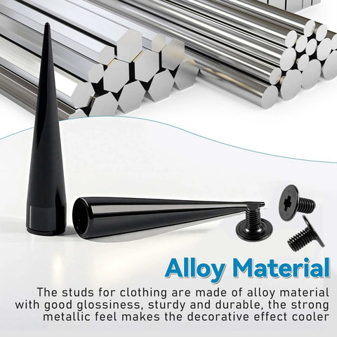 40-piece black cone spikes and rivets kit with tool for clothing decor; alloy material, front view.