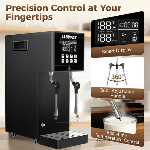 Beast Mode Dual Head Commercial Steam Milk Frother Driving Twin Independent Wands with smart display for precise control.