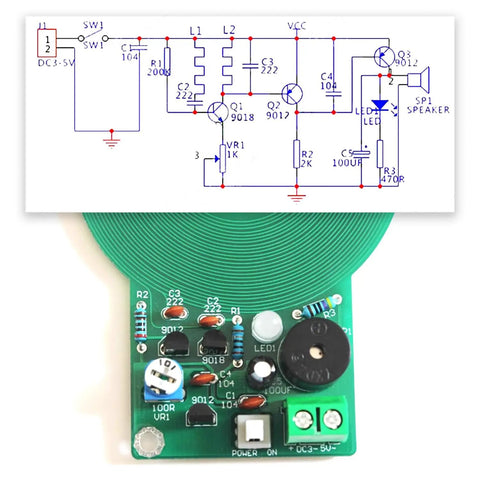 Circuit diagram and components of DIY Electronics Soldering Practice Kit For Metal Detector Projects And Teaching Supplies DC 3V To 5V Power Hands On Soldering Hobby Kit For Classrooms And Makerspaces Beginner Friendly Solder Practice.