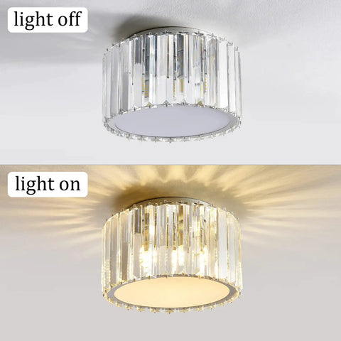 Mini Flush Mount Crystal Chandelier Ceiling Light With G9 Socket For Hallways And Bathrooms, light off and on view.
