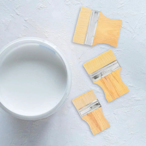 Top view of 3 Piece Flat Paddle Paint Brush Set with Yang wood handles, natural wool bristle for precise smooth finishes.