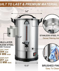 Big Crowd Ready Commercial Coffee Urn 100 Cup Brewer For Offices Churches Catering Events 4 Gallon 16L Dual Layer 304 Stainless Steel Build 1300W Fast Brew Percolator Hot Beverage Dispenser For Quick Service with measurements and features shown.
