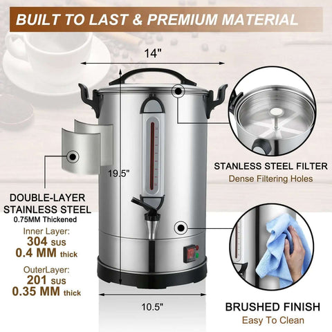 Big Crowd Ready Commercial Coffee Urn 100 Cup Brewer For Offices Churches Catering Events 4 Gallon 16L Dual Layer 304 Stainless Steel Build 1300W Fast Brew Percolator Hot Beverage Dispenser For Quick Service with measurements and features shown.