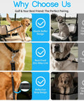Solid Golf Cart Dog Seat Leash And Adjustable Safety Harness With Tangle-Free Retractable Strap in use on golf cart with golden retriever.