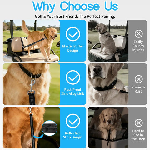 Solid Golf Cart Dog Seat Leash And Adjustable Safety Harness With Tangle-Free Retractable Strap in use on golf cart with golden retriever.