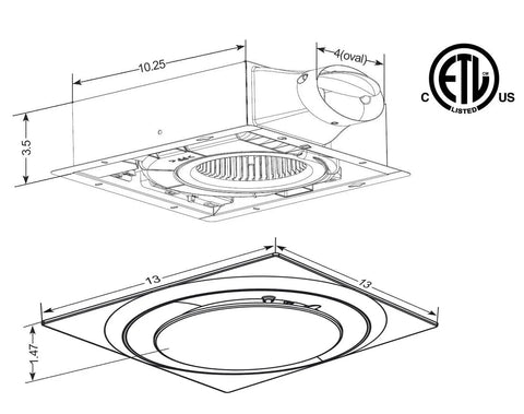 Diagram of the Adjustable 50 80 110 CFM Quiet Bathroom Ventilation Fan Energy Star Certified 0.4 Sones HVI Listed