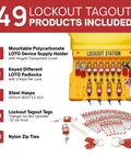 Pro Grade Heavy Duty Lockout Tagout Station Kit With Loto Devices, 12 Padlocks, 6 Hasps, 30 Do Not Operate Tags, OSHA Compliant Industrial Safety Board For Maintenance And Electrical Work visible with contents spread out