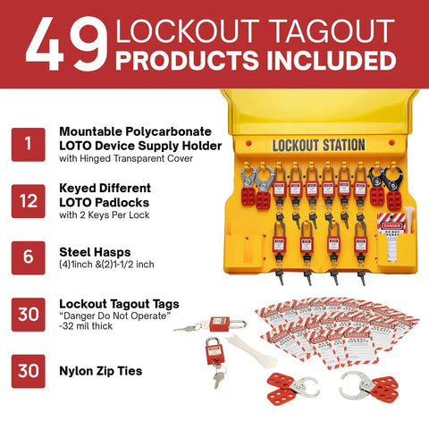 Pro Grade Heavy Duty Lockout Tagout Station Kit With Loto Devices, 12 Padlocks, 6 Hasps, 30 Do Not Operate Tags, OSHA Compliant Industrial Safety Board For Maintenance And Electrical Work visible with contents spread out