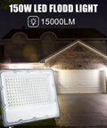 150W LED Flood Light Plug In Outdoor Security Fixture 6500K 15000LM IP66 Waterproof shown by house garage