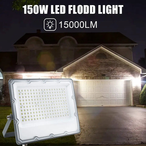 150W LED Flood Light Plug In Outdoor Security Fixture 6500K 15000LM IP66 Waterproof shown by house garage