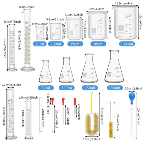 23 Piece Lab Glassware Set With Measuring Cups Beakers Graduated Cylinders Droppers Stirring Rods Cleaning Brushes And More