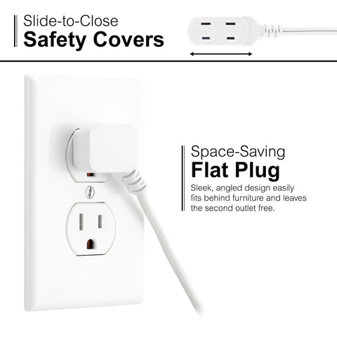 Extension Cord With Footswitch And 3 Outlets, On Off Switch, showcasing slide-to-close safety covers and space-saving flat plug