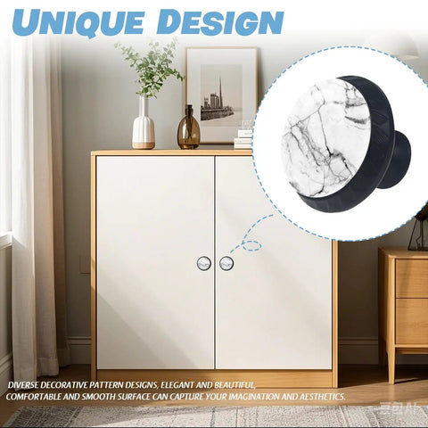Totally Fresh White And Black Marble Crystal Cabinet Knobs Mushroom Drawer Pulls For Kitchen Bathroom Decor on a modern cabinet.