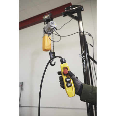 Electric Hoist For One Ton Load, Nine Point Eight Feet Lift, 110V Power, Remote Control With Emergency Stop in workshop