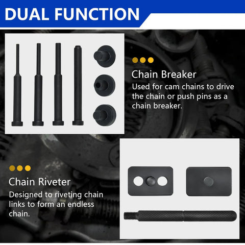 Thsakzo 13-piece motorcycle chain breaker kit collage: pins, rivet plates, knurled tool