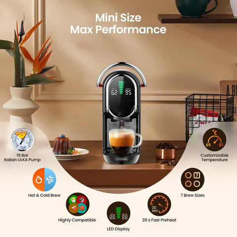 Mini Espresso Machine With All In One Pod Adapters For Nespresso Original Dolce Gusto Lavazza Blue ESE Pods And Ground Coffee No Fuss 19 Bar Pressure Adjustable Temperature And Cup Size Compact Coffee Maker With 21oz Reservoir displayed on a kitchen counter.